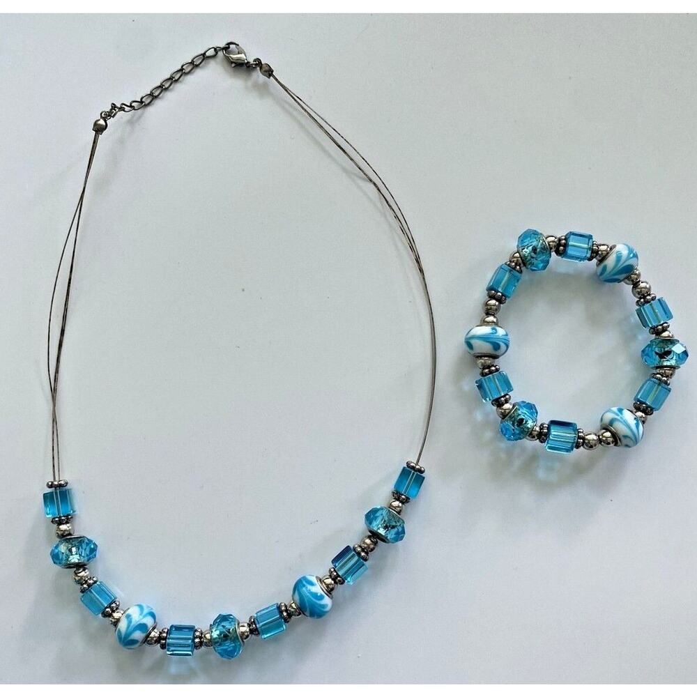 Wire Blue Glass Beaded Necklace‎ and Matching Bracelet #49